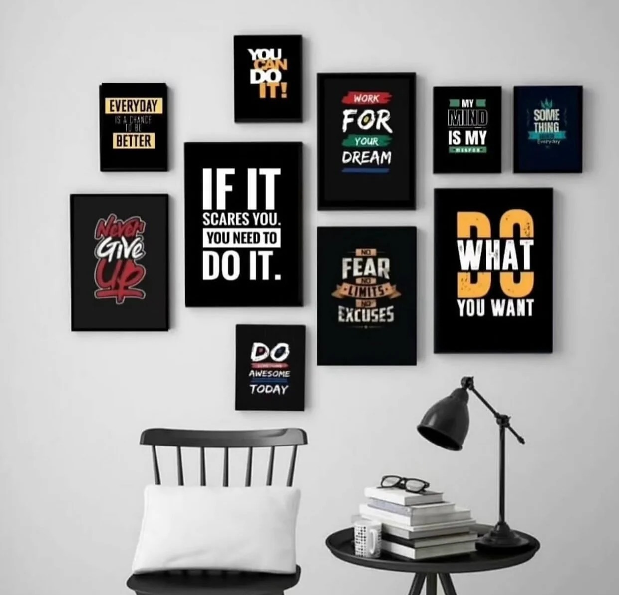 Modern 10 Piece Yellow And Black Motivational Wall Art Set Wooden MDF Sticky Phototile Frames | Double Tape Included