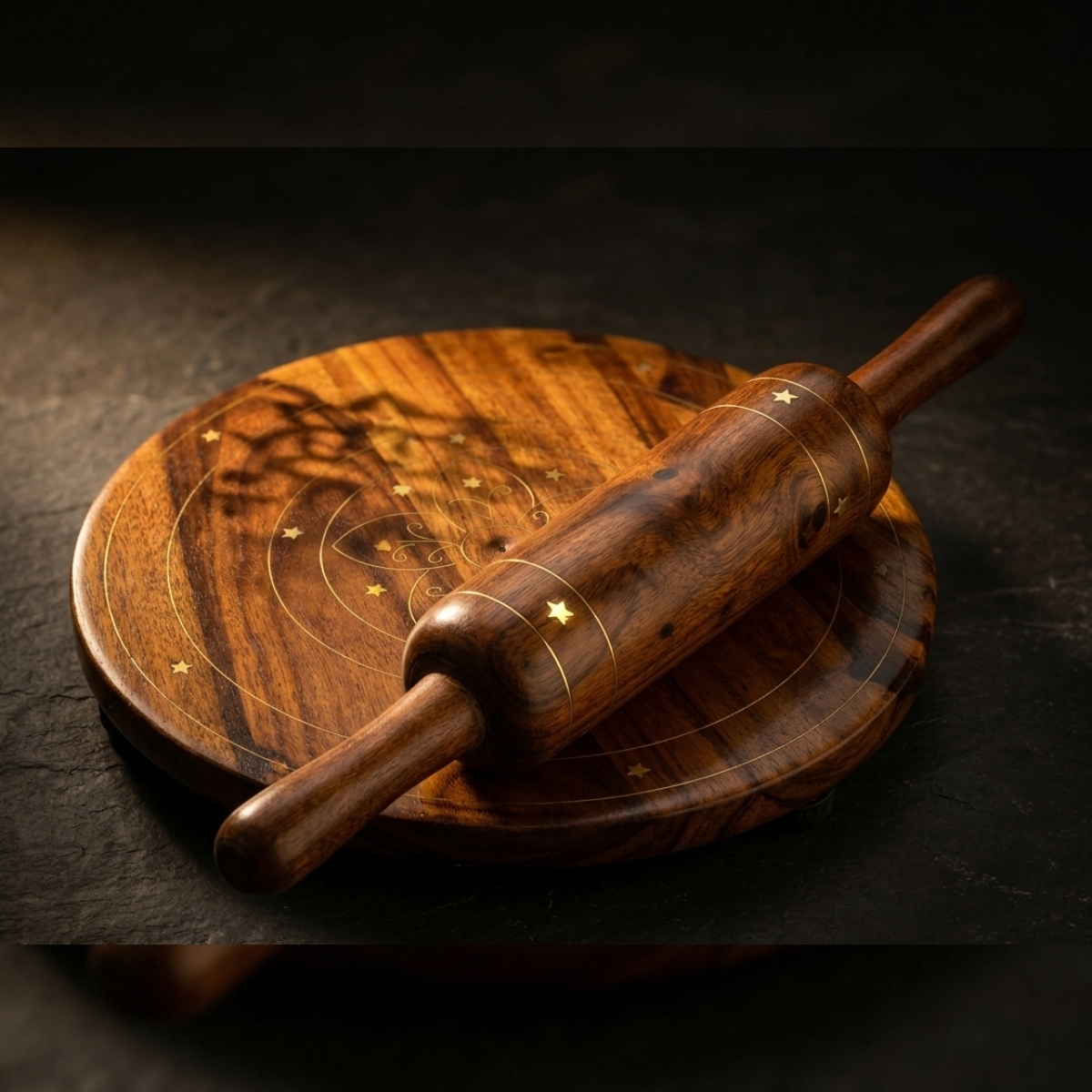 Shesham Wood & Brass Patra Bellon Set – Premium Roti Making Board & Rolling Pin